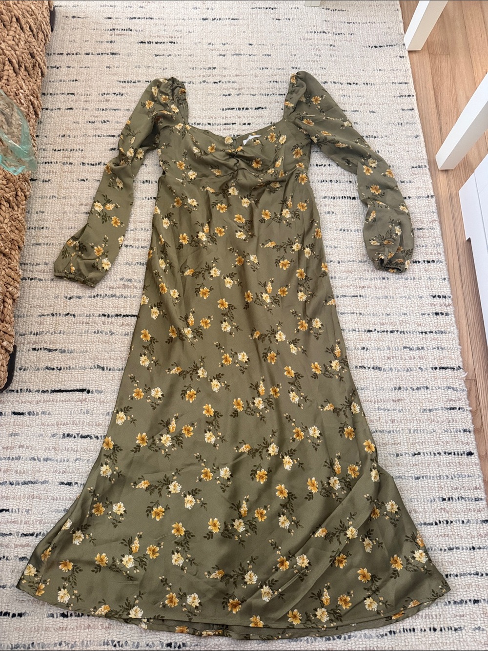 PARK & FIFTH Galliano Olive Green Floral Satin Dress Wedding Cocktail - Size M